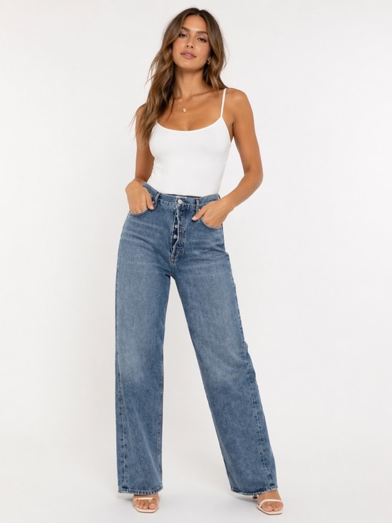 Agolde Denim - Agolde Button-Front High Rise Straight Leg Jeans in Medium Blue